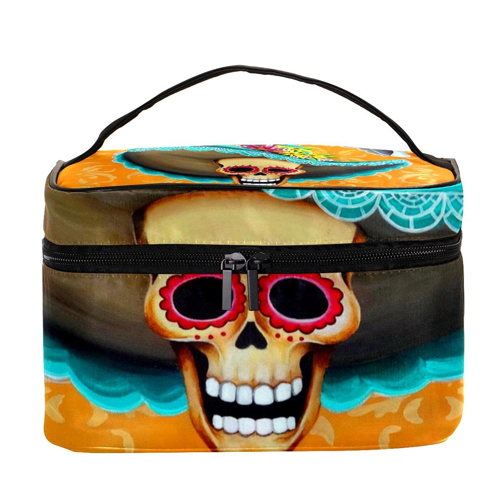 Mexican Sugar Skull Floral & Butterfly Print Large Travel Makeup Bag - Waterproof Cosmetic Organizer with Zipper for Women & Girls | Perfect for Vacation, Gym, Beach Trips & Daily Use