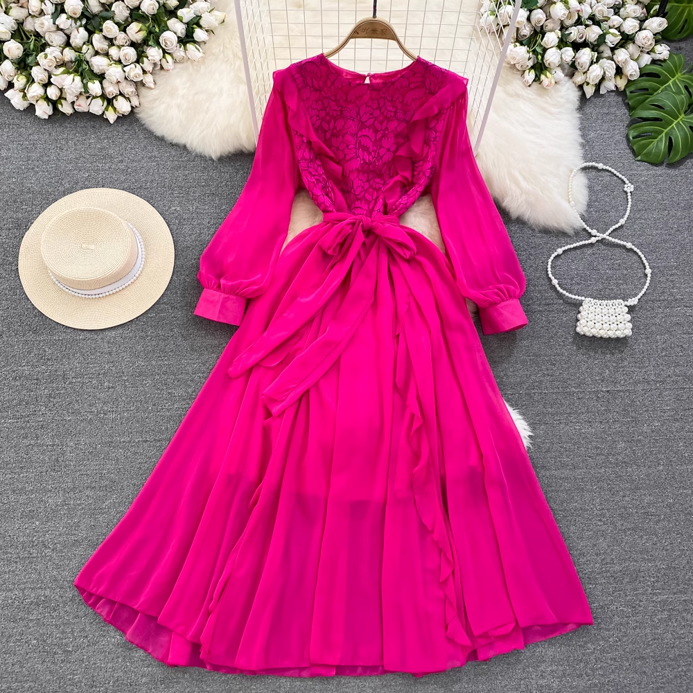 Elegant Long Sleeve Round Neck Lace A-Line Ruffled Maxi Dress for Women - Perfect for Weddings, Parties & Formal Occasions