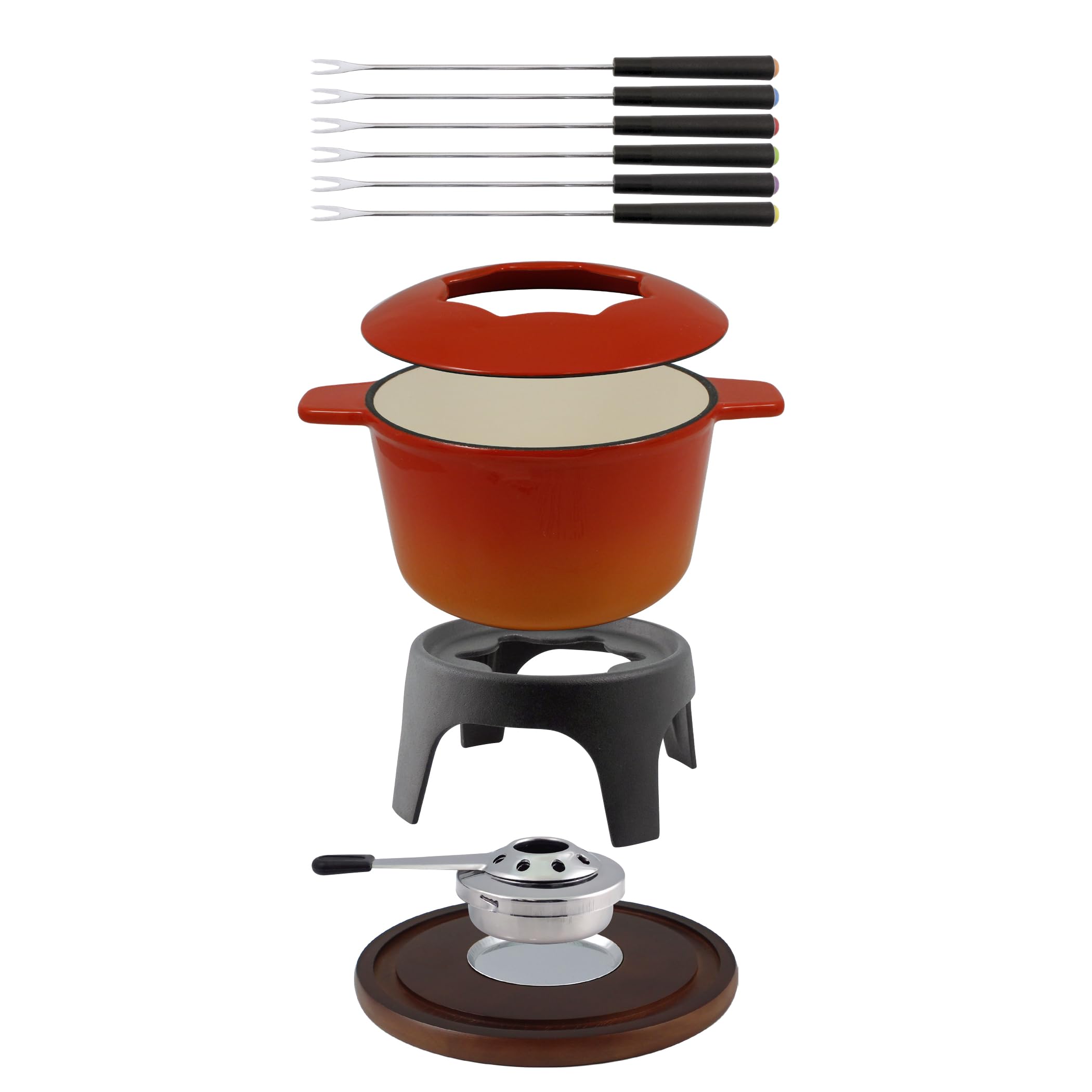 Swissmar Sierra 1.6 Quart Cast Iron Fondue Set - Premium Cheese, Meat & Chocolate Fondue Pot - 12-Piece Gradient Orange Kit for Family Gatherings, Dinner Parties & Romantic Date Nights - Perfect Gift for Hosts & Home Chefs