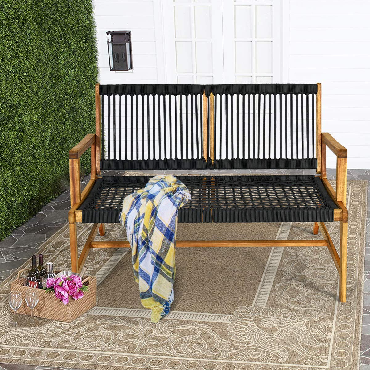 2-Person Acacia Wood Outdoor Patio Bench with Backrest & Armrest - Weatherproof Loveseat Rope Chair for Porch, Poolside, Garden & Balcony (Black) | Perfect for Relaxing, Entertaining & Outdoor Decor