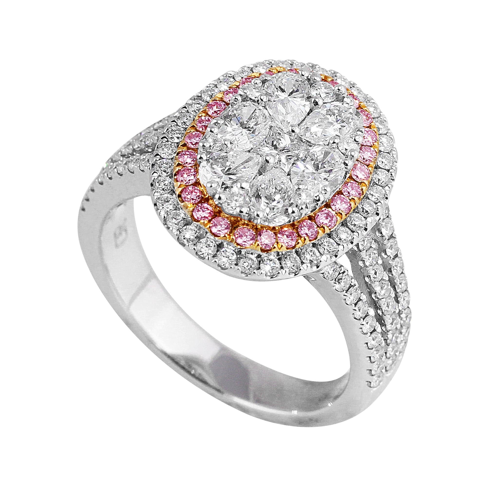 18K White Rose Gold Pink & White Diamond Oval Cluster Ring for Women - Elegant Wedding, Engagement & Anniversary Jewelry Gift