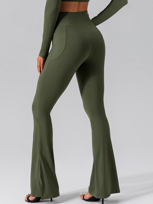 ZASUWA Women's High Waisted Flare Pants with V-Shape Waist & Side Pockets - Stretchy Solid Color Bootcut Trousers for Work, Office & Casual Outfits