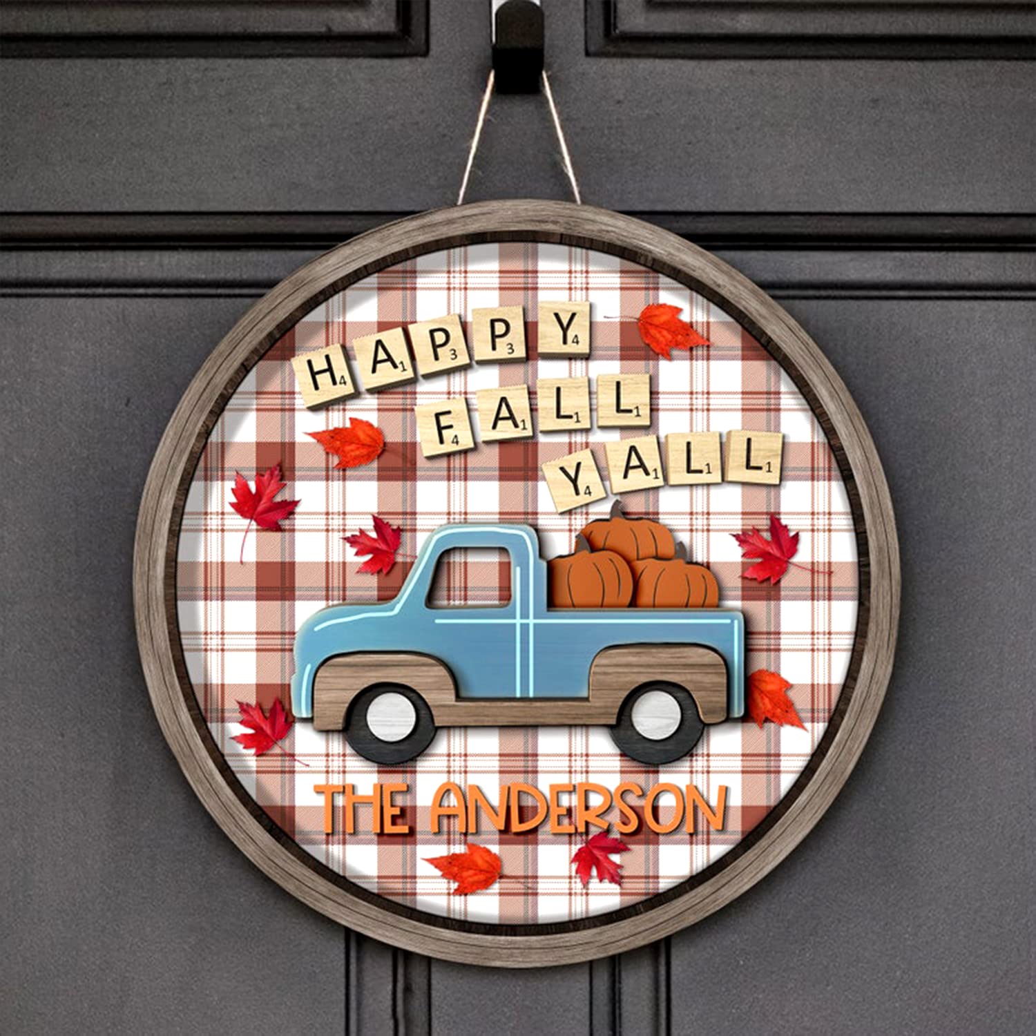 Custom Fall Welcome Sign with Family Name - Personalized Pumpkin Truck Door Hanger | Autumn Porch & Wall Decor for Farmhouse | Seasonal Home Decor for Thanksgiving & Halloween