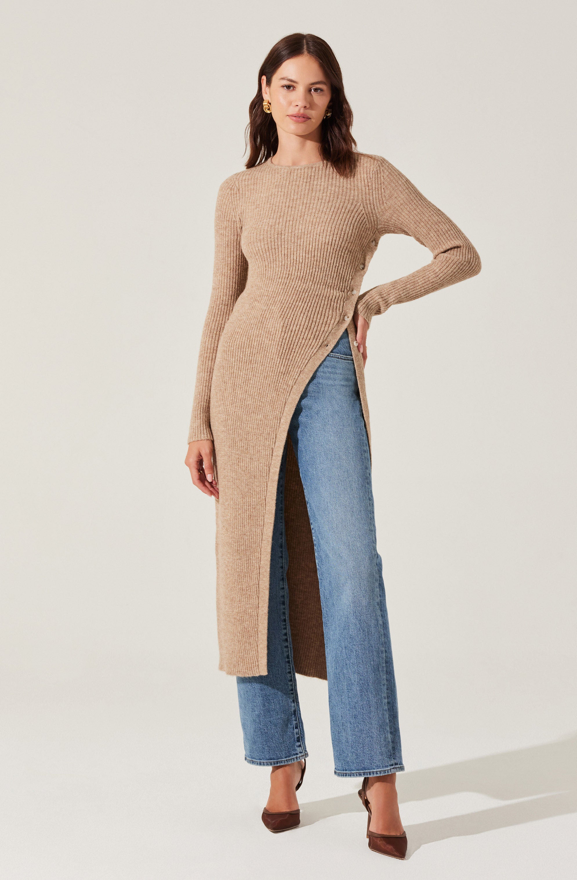 Stylish Ribbed High Slit Button Sweater for Women - Cozy Knit Pullover for Fall & Winter - Perfect for Casual Outings, Office Wear, and Date Nights