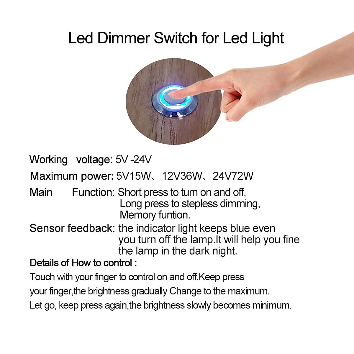 HAMRVL 12V DC Touch Dimmer Switch - On/Off & Stepless Brightness Control for LED Strip Lights (5-24V), Fits 17mm/0.67