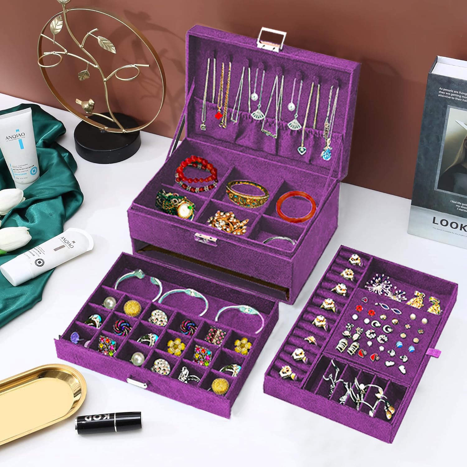 Elegant Purple Velvet Jewelry Box with Lock - Women's Jewelry Organizer for Necklaces, Earrings, Rings & Bracelets | Perfect for Teen Girls' Jewelry Storage & Gift Giving | Ideal for Bedroom, Vanity & Travel Use