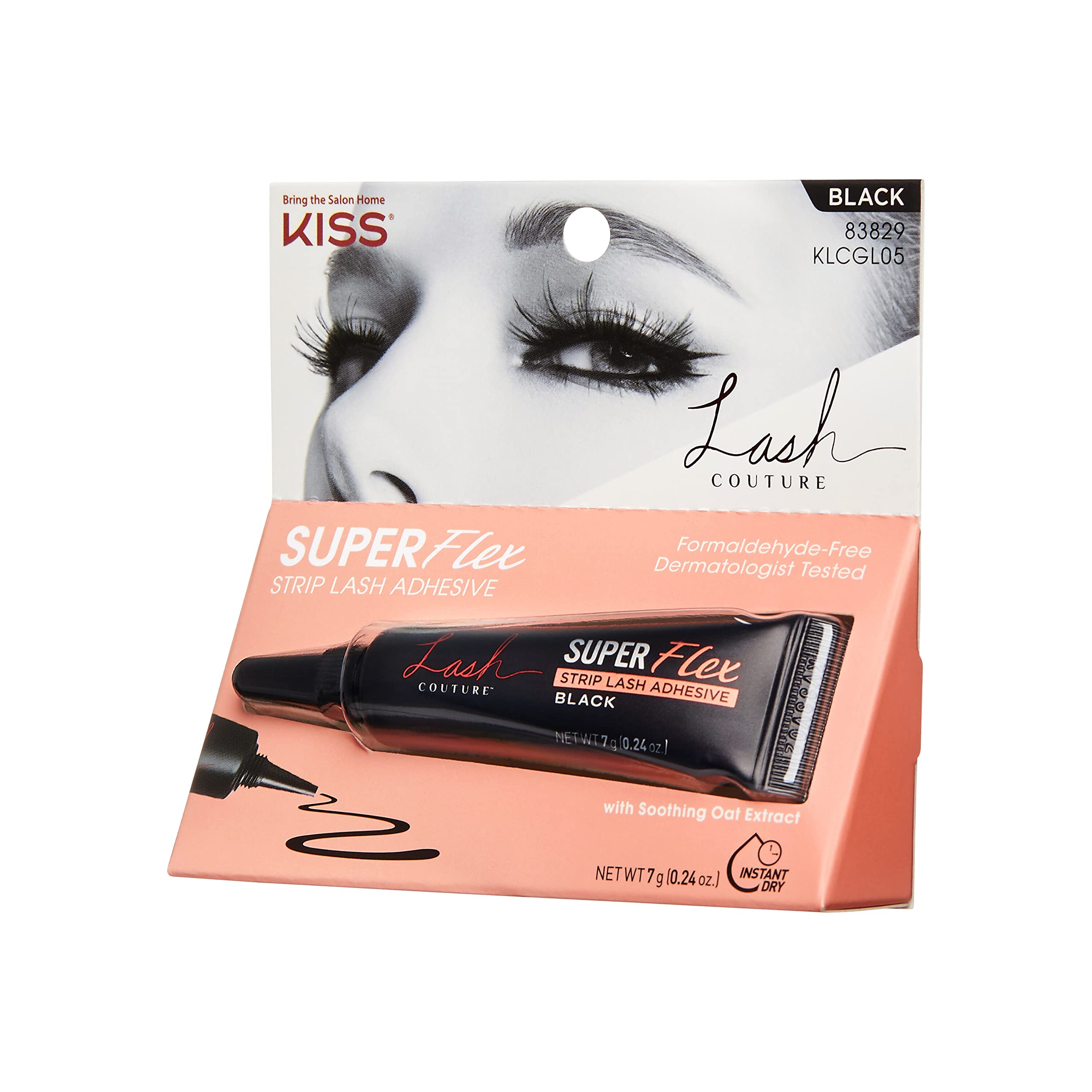 KISS Lash Couture Black Latex Strip Lash Adhesive - Soothing Oat Extract, Precision Nozzle, Dermatologist Tested | Contact Lens Safe, Formaldehyde Free, Waterproof (0.24 Oz) | Perfect for Daily Wear, Special Occasions & Sensitive Eyes