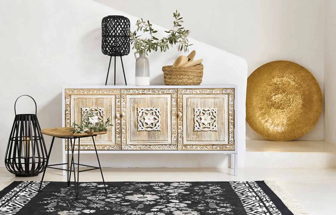 Hand Carved White Three Door Sideboard Buffet Table - Traditional Indian Wooden Cabinet for Dining Room Storage & Display