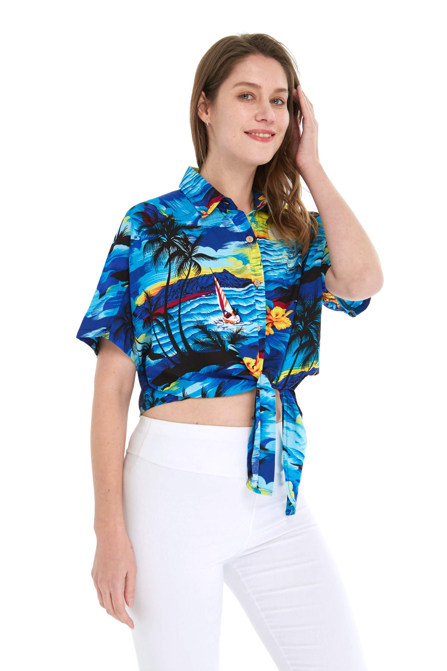 Women's Hawaiian Tie Front Crop Top Aloha Shirt in Sunset Print - Tropical Vacation Outfit for Beach Party & Summer Fashion