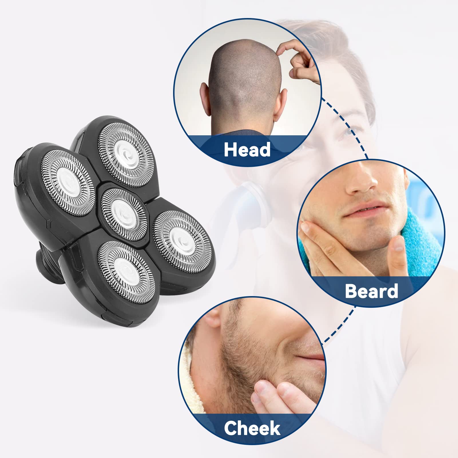 5-Blade Replacement Shaver Heads for Men - Waterproof Rotary Shaving Heads Accessory for Bald Head Shaving (Black) | Perfect for Wet/Dry Shaving at Home or Travel