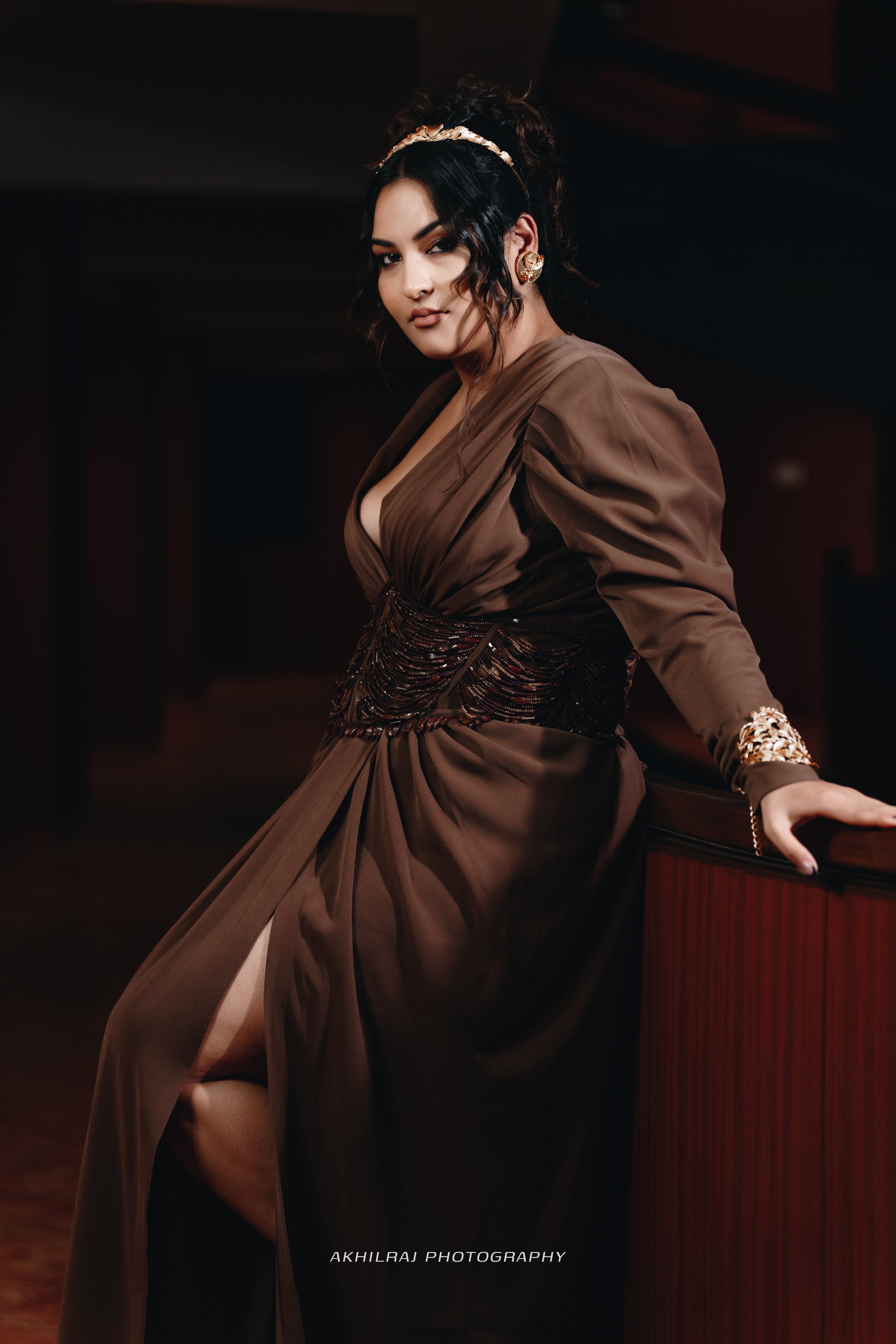 Sakshi Sindhwani Dark Tan Corset Dress with High Slit - Elegant Evening Gown for Parties, Weddings & Special Occasions