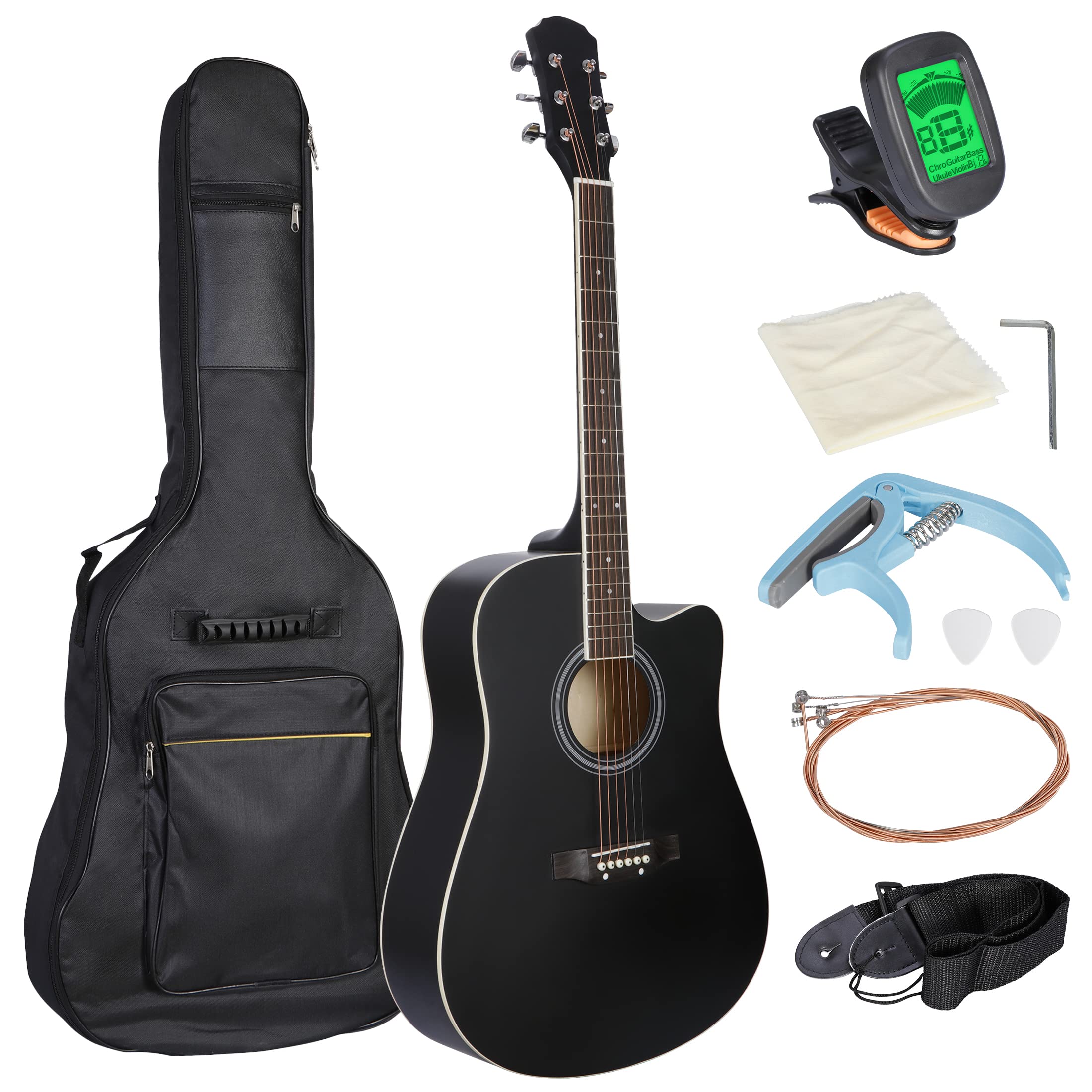 Saturnpower 41 Inch Full Size 6 String Acoustic Guitar Starter Kit with Gig Bag, Digital Tuner, Adjustable Strap, Picks, Capo & Extra Strings - Perfect for Beginners, Adults & Kids (Right-Handed, Black) - Ideal for Home Practice, Music Lessons & Outdoor Performances