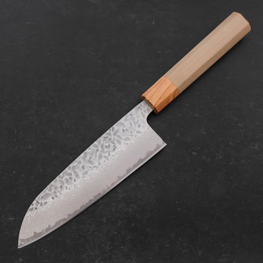 Premium Santoku Knife 165mm - AUS 10 Stainless Steel with Tsuchime Damascus Pattern & Zelkova Magnolia Wood Handle - Perfect for Slicing, Dicing, and Chopping Vegetables, Meat, and Fish