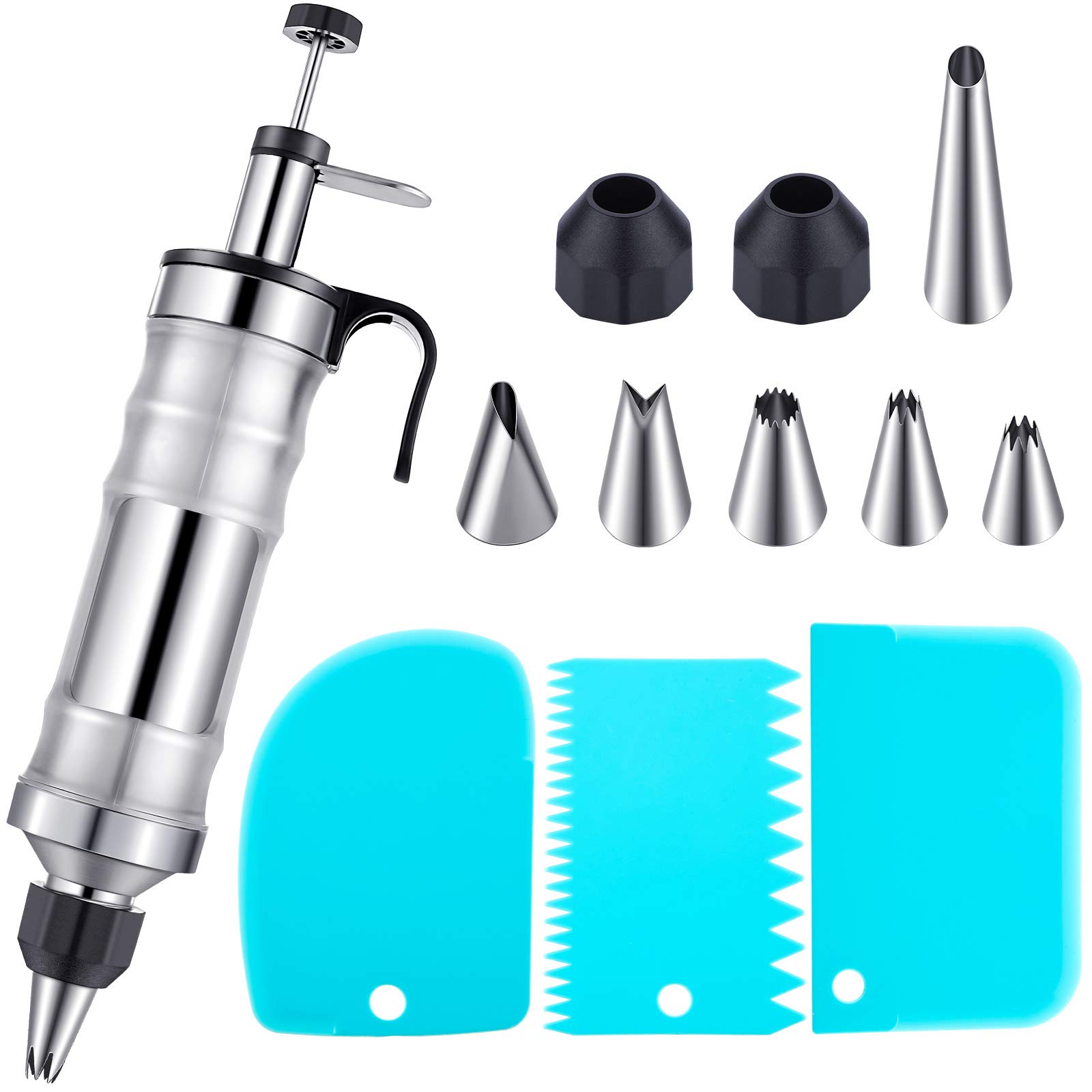 Professional Dessert Decorating Syringe Set - 7 Icing Nozzles & 3 Cream Scrapers for Cupcake Frosting, Cake Filling, Pastry Decorating - Stainless Steel Piping Kit (Black & Blue) - Perfect for Birthday Cakes, Wedding Desserts, and Home Baking