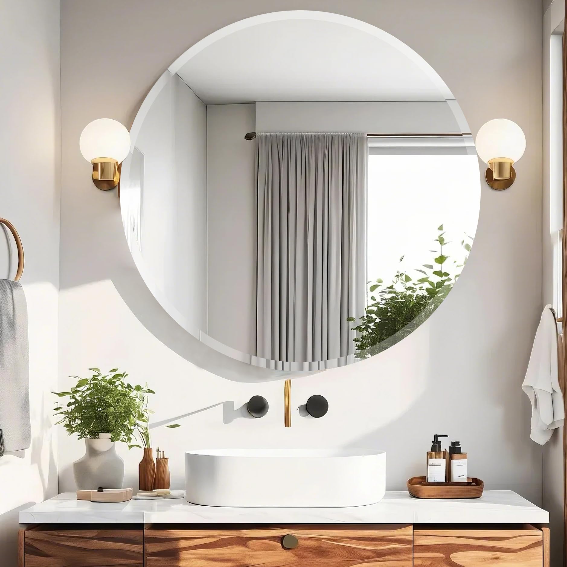 24 Inch Round Frameless Bathroom Mirror with Beveled Edge - Modern Circle Vanity Mirror for Bathroom, Bedroom, Living Room & Entryway Decor - Perfect for Makeup, Shaving & Home Interior Design