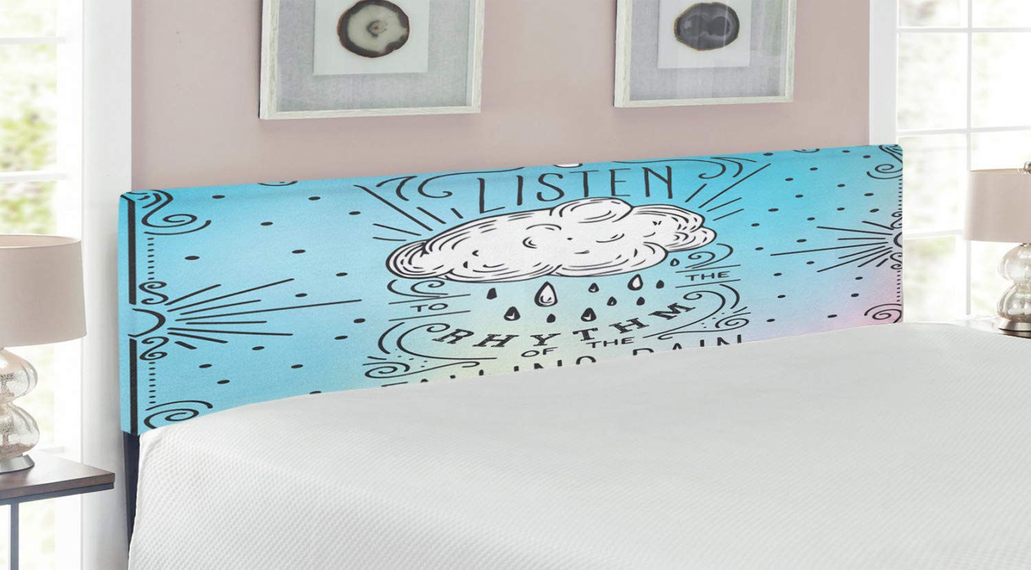 Ambesonne Upholstered Metal Headboard with Memory Foam - King Size Decorative Bed Headboard Featuring 'Listen to The Rhythm of The Falling Rain' Lettering, Doodle Ornaments & Clouds Design in Multicolor | Perfect for Bedroom Decor, Guest Rooms & Cozy Rainy Day Atmospheres