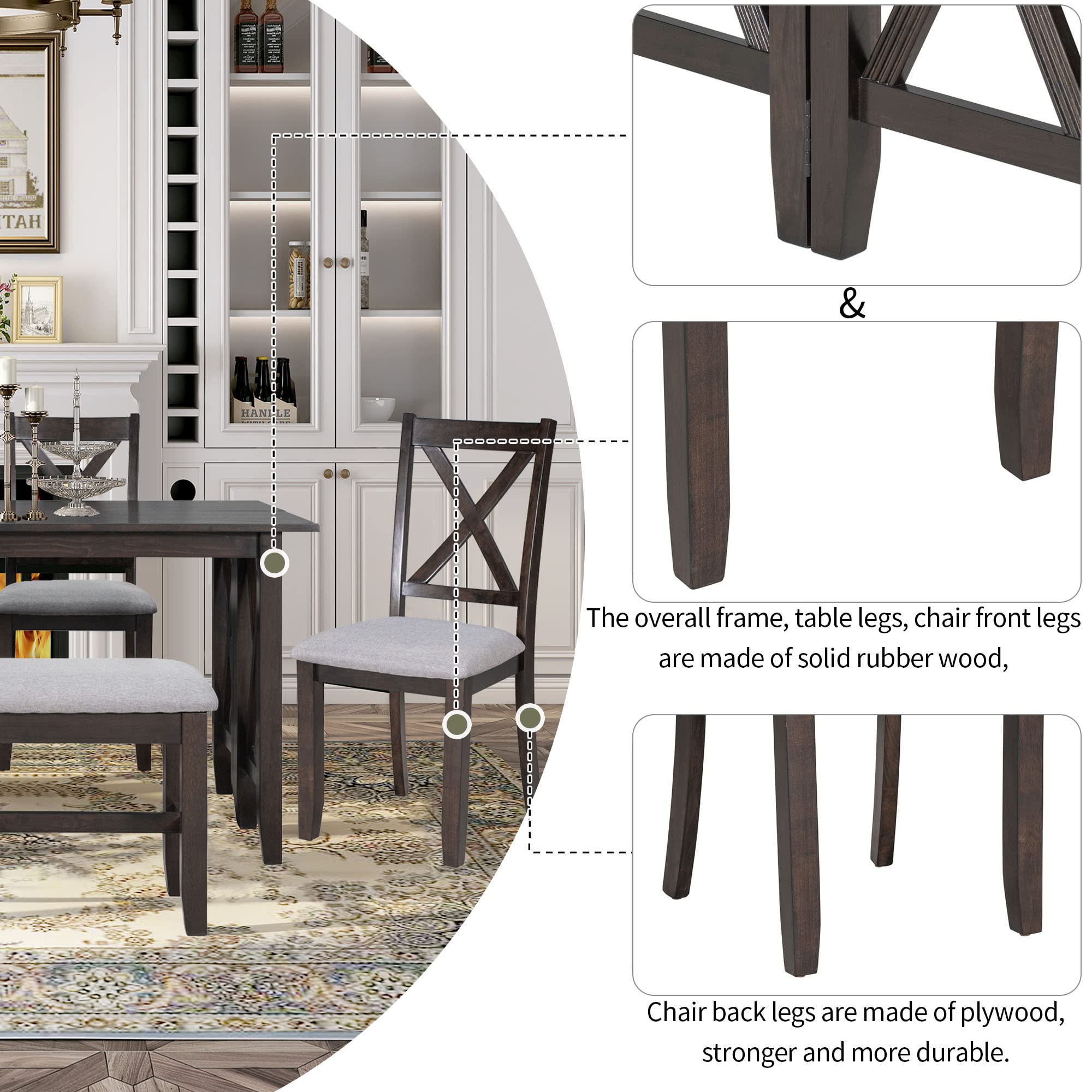Merax 6-Piece Foldable Solid Wood Dining Set with 4 X-Back Upholstered Chairs and Bench, Espresso Finish for Kitchen, Dining Room, and Small Spaces