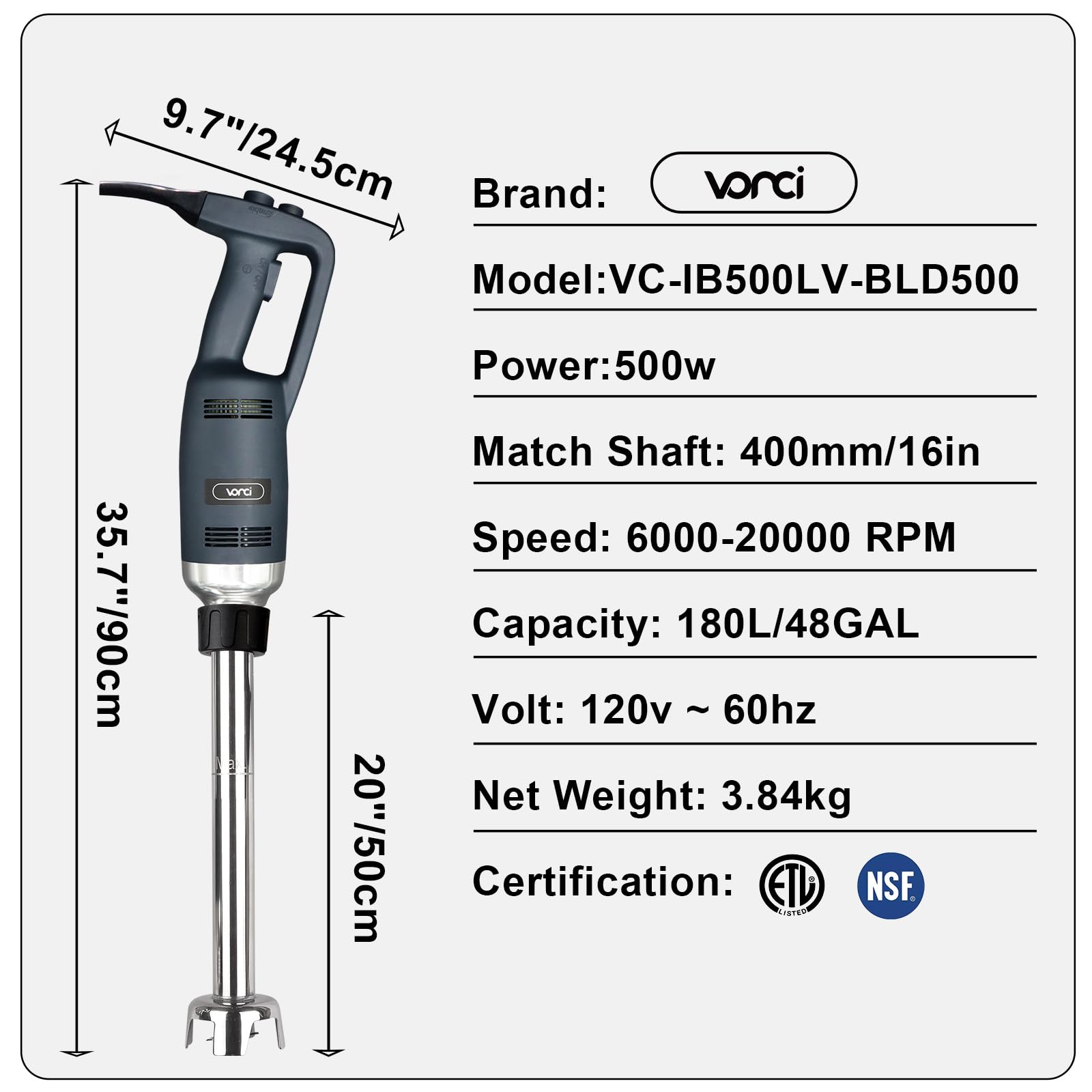 VONCI 500W Commercial Immersion Blender - Heavy Duty Handheld Stick Blender with 20