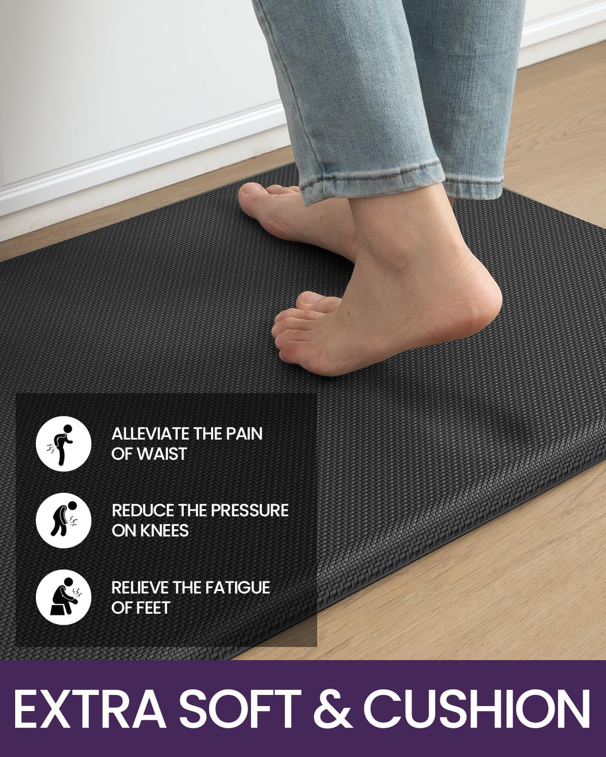 DEXI Anti-Fatigue Kitchen Mat - Non-Slip Waterproof Standing Floor Rug for Kitchen, Office, Laundry & Sink - 70x20 Inch Cushioned Comfort Mat - Perfect for Cooking, Dishwashing & Long Standing Work (Black)