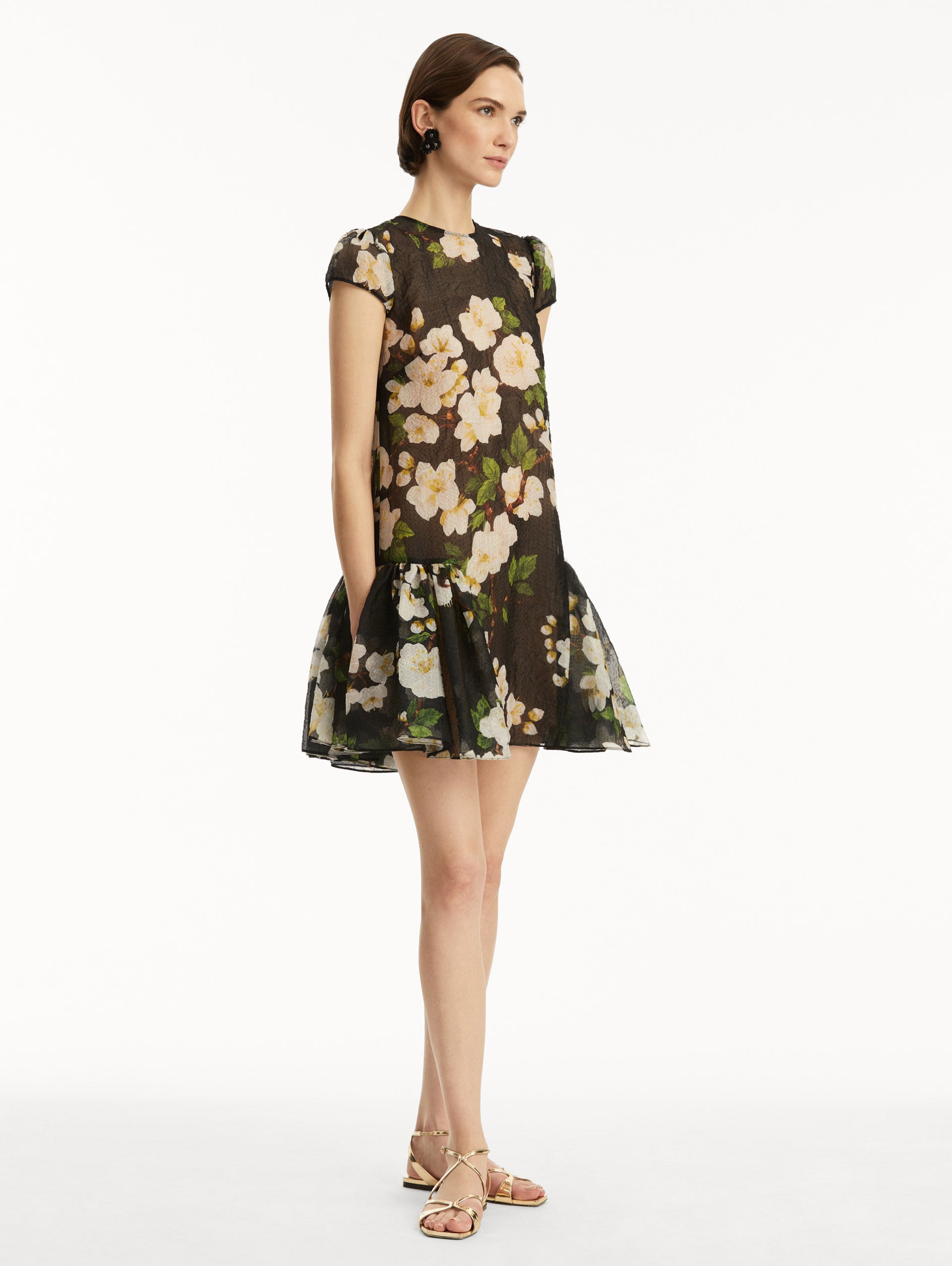 Elegant Drop Waist Cherry Blossom Cloqué Dress for Women - Floral Print Party & Wedding Guest Dress - Perfect for Spring Events, Date Nights & Special Occasions