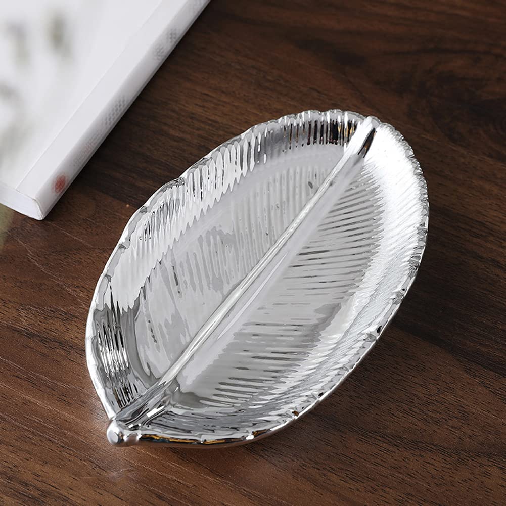 Mollensiuer Ceramic Leaf-Shaped Jewelry Display Tray - Elegant Small Objects Storage Tray for Rings, Earrings & Necklaces - Perfect for Dresser, Vanity, Christmas, Birthday & Wedding Gifts (Silver) - Home Decor & Jewelry Organization Accessory