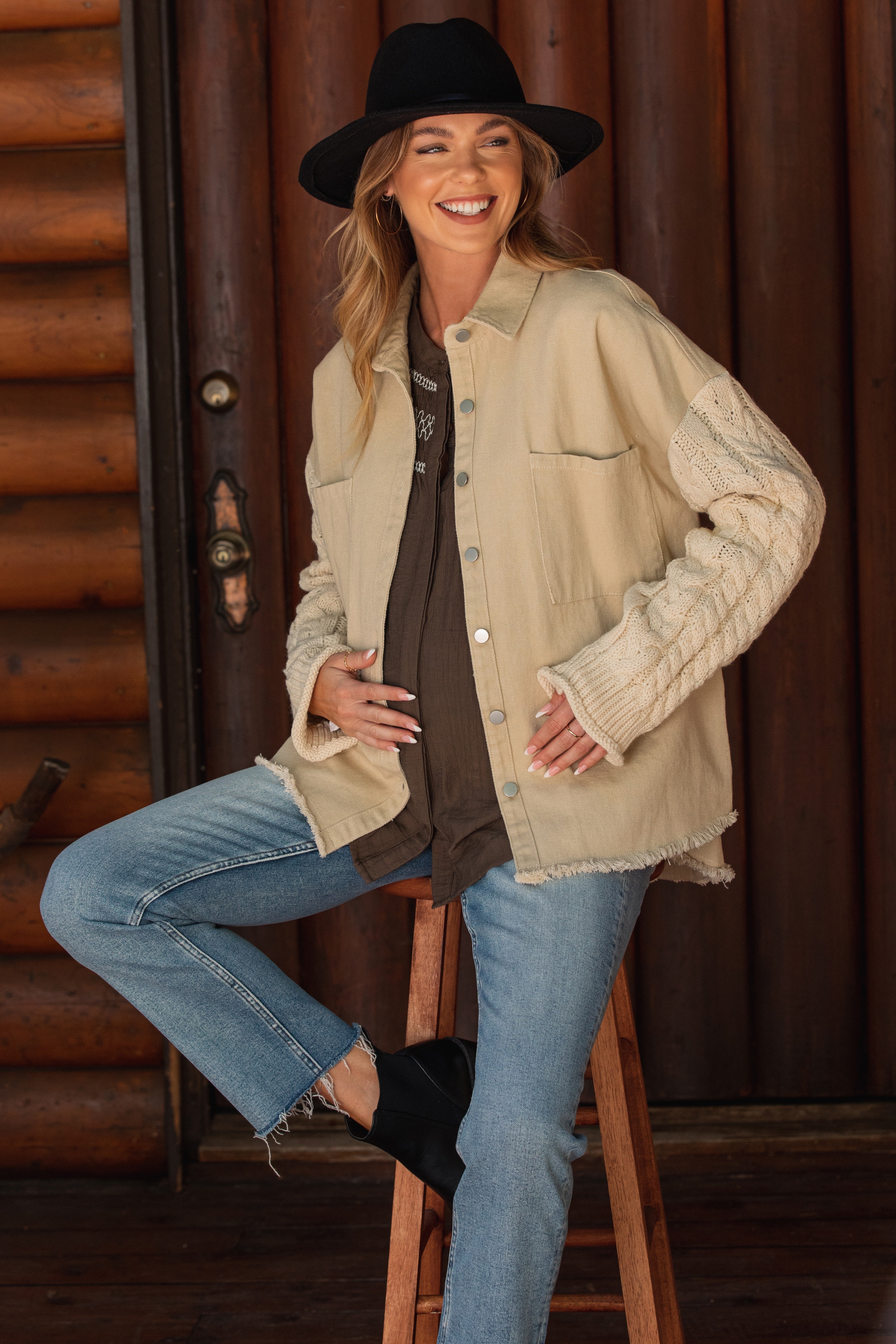 Beige Denim Cable Knit Contrast Maternity Jacket for Women - Cozy Winter Pregnancy Coat with Stylish Details | Perfect for Casual Outings, Baby Showers & Photo Shoots