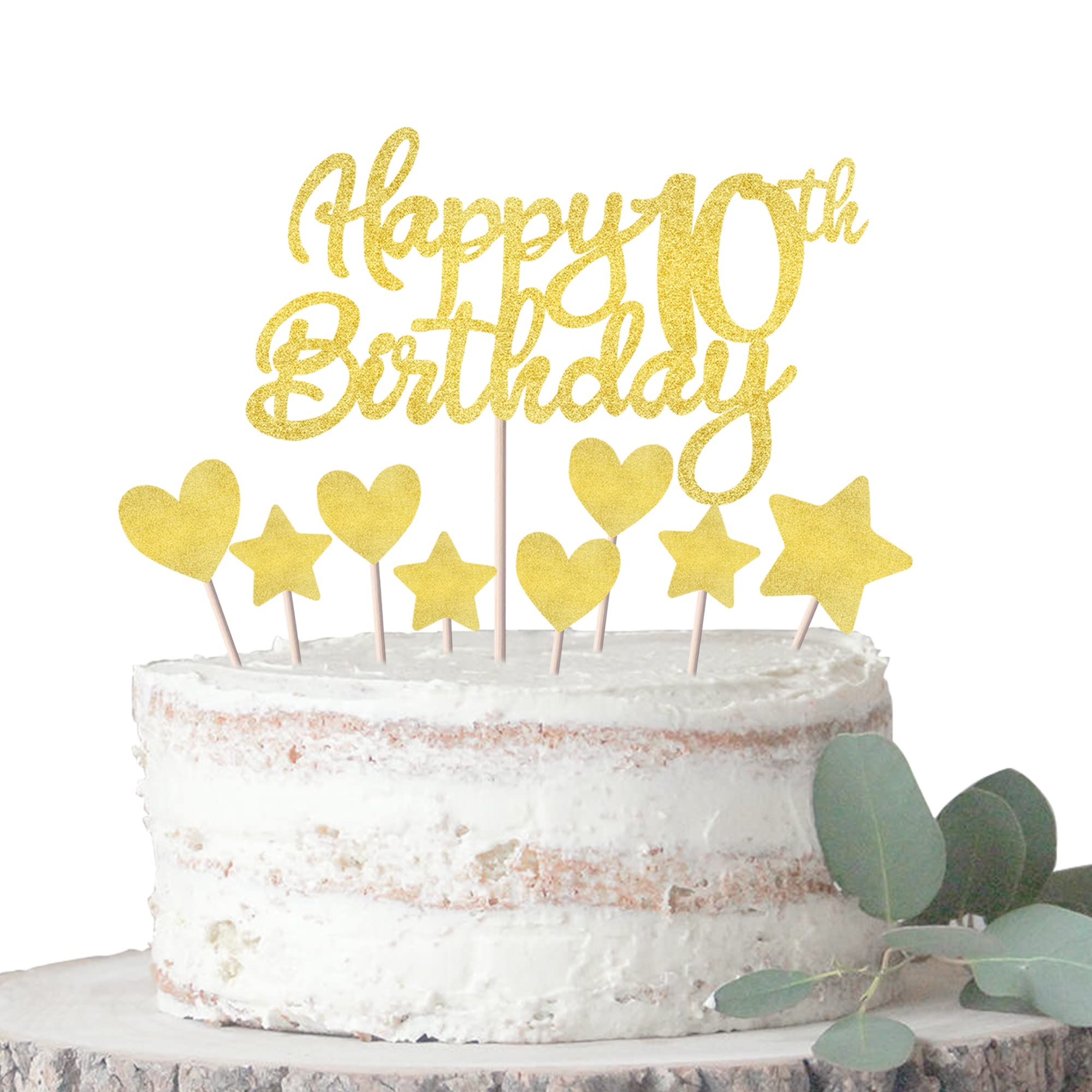 Rsstarxi 9 Pack Happy 10th Birthday Cake Topper Set - Glitter Heart & Star Cupcake Toppers for 10th Birthday Party Decorations | Cheers to 10 Years Old | Perfect for Birthday Cakes, Cupcakes & Anniversary Celebrations
