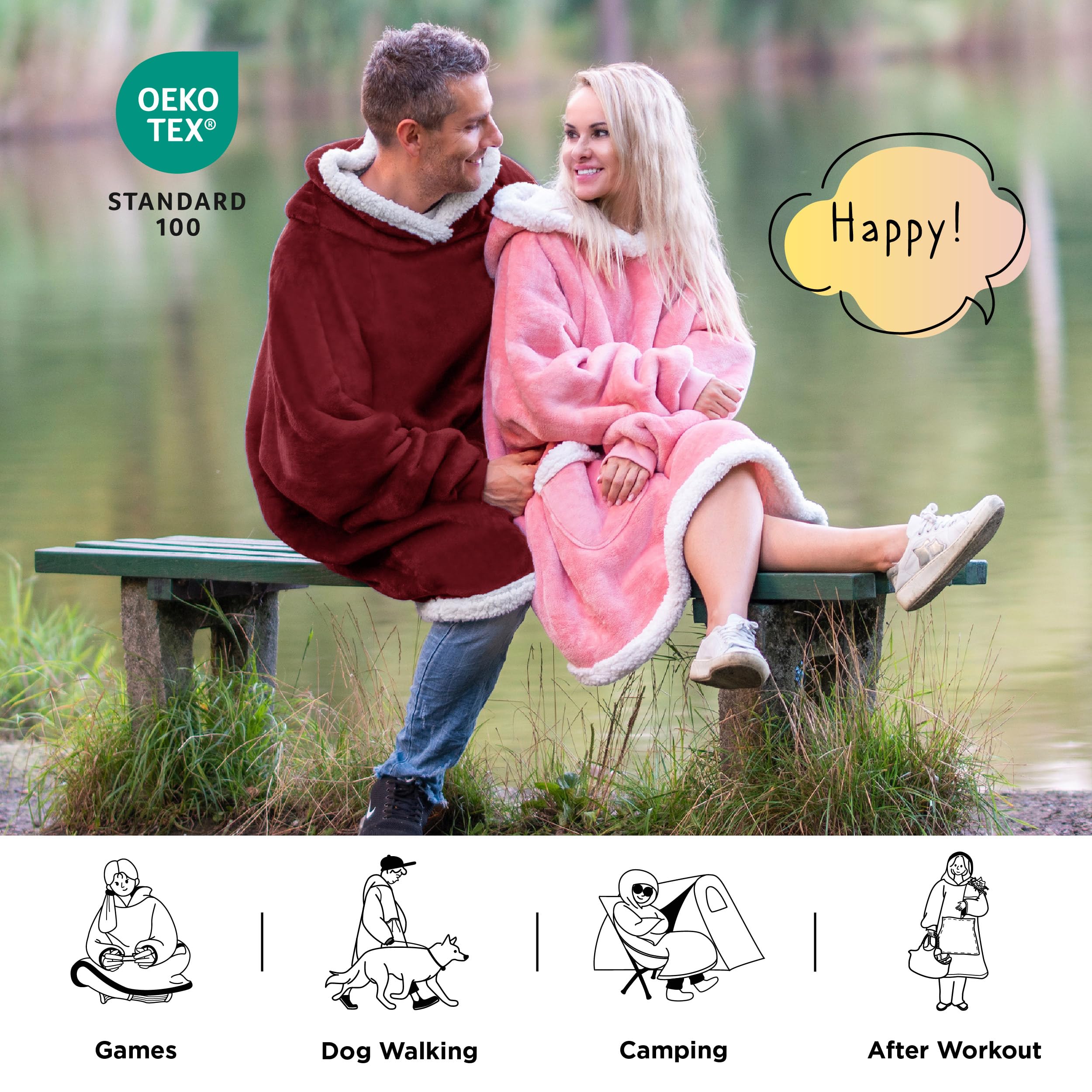 Bedsure Wearable Blanket Hoodie for Adults & Kids - Oversize Burgundy Cozy Gift for Women, Men, Mom on Mother's Day, Birthday - Perfect for Lounging, Movie Nights & Camping