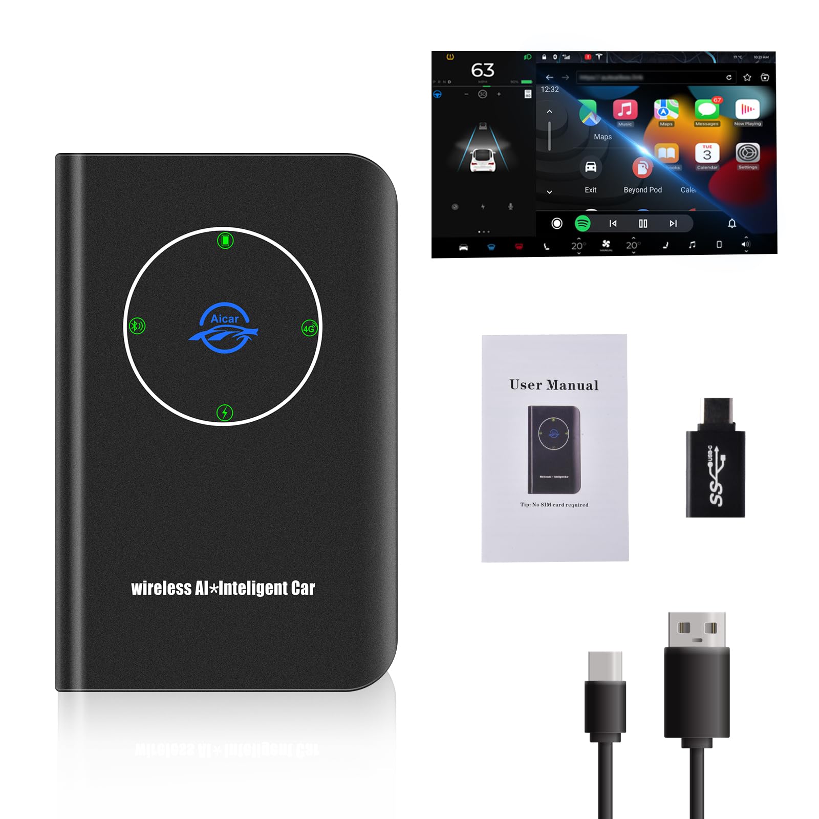 Wireless CarPlay & Android Auto Adapter for Tesla Model 3/Y/X/S - Wireless Dongle with EQ, Siri, Voice Assistant, SWC & OTA Updates - Compatible with iPhone 8+ & Android 11.0+ - Perfect for Hands-Free Navigation, Music & Calls While Driving