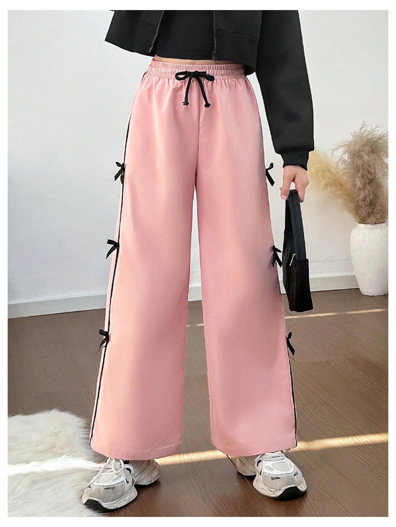 WDIRARA Girls' High Waist Bow Side Track Pants - Cute Wide Leg Athletic Joggers for School, Sports & Casual Wear - Black Comfortable Lounge Pants for Teens & Kids