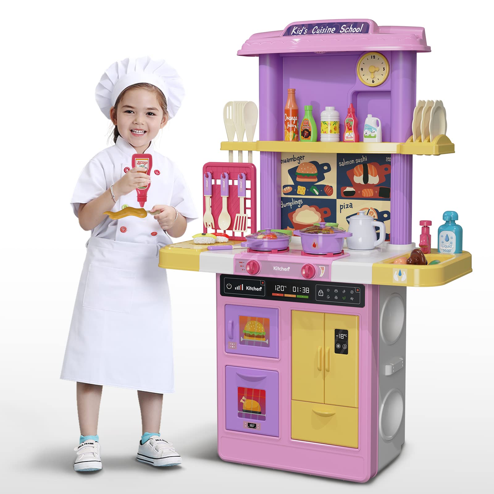 TEMI Kids Kitchen Playset - 46-Piece Pretend Play Kitchen Toy Set with Real Sounds & Lights | Pink Play Kitchen for Toddlers, Girls & Boys | Perfect for Role-Playing, Birthday Gifts & Early Learning