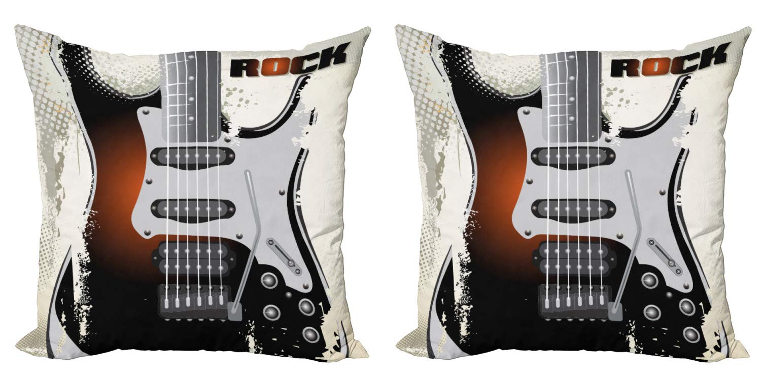 Ambesonne Rock Music Throw Pillow Cover Set of 2 - Vintage Guitar Design with Strings & Retro Halftone Abstract Print - 18 Inch Zippered Double-Sided Cushion Cover - Perfect for Living Room, Bedroom, or Music Lover's Home Decor
