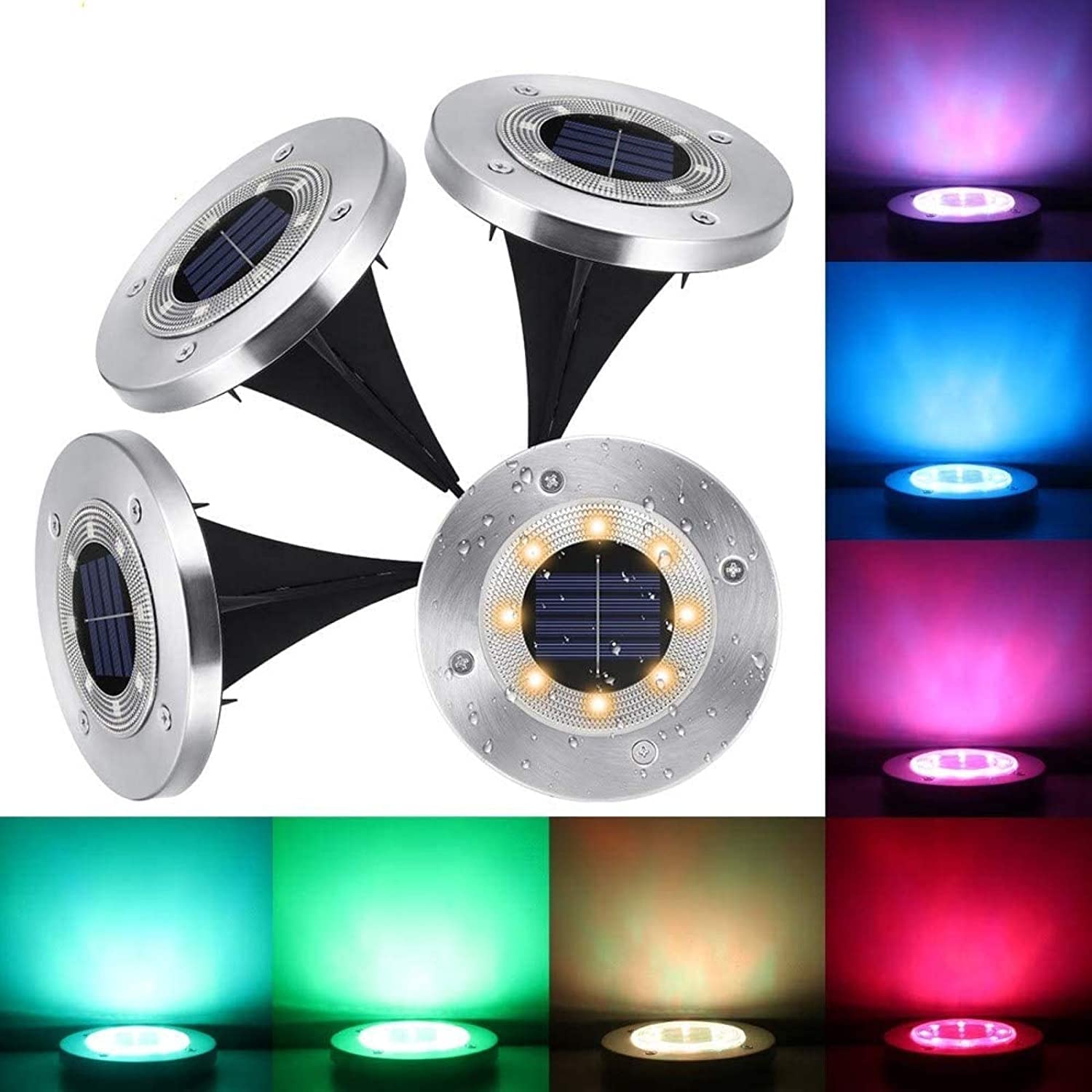 OurLeeme 4-Pack Solar Outdoor Disk Lights - 8 LED Waterproof Solar Garden Lights with Color Changing for Landscape & Pathway Lighting - Perfect for Patio, Yard, and Driveway Decoration