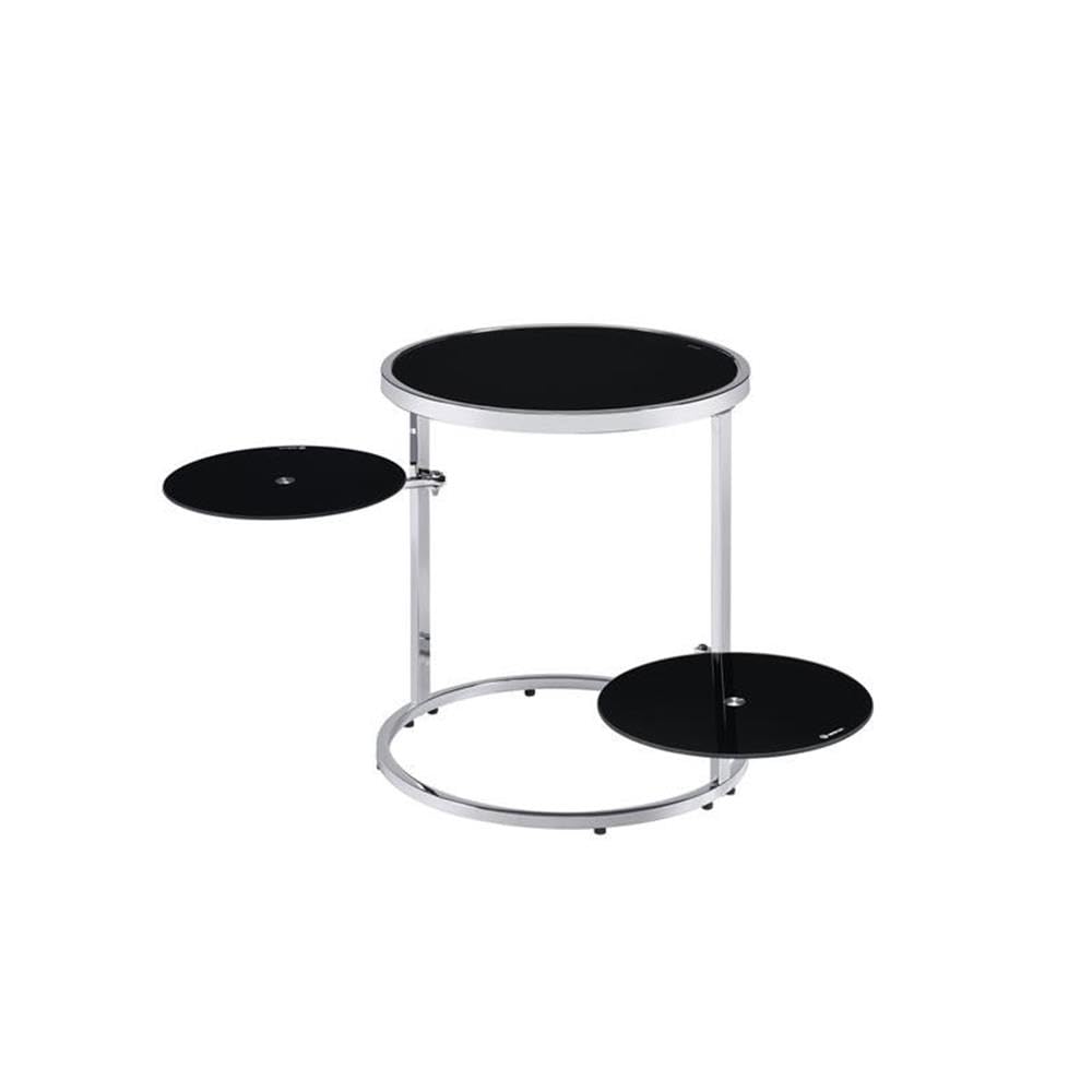 Acme Lynch Modern Round Glass End Table with 2-Tier Swivel Shelf in Black & Chrome - Perfect for Living Room, Bedroom, or Office Decor