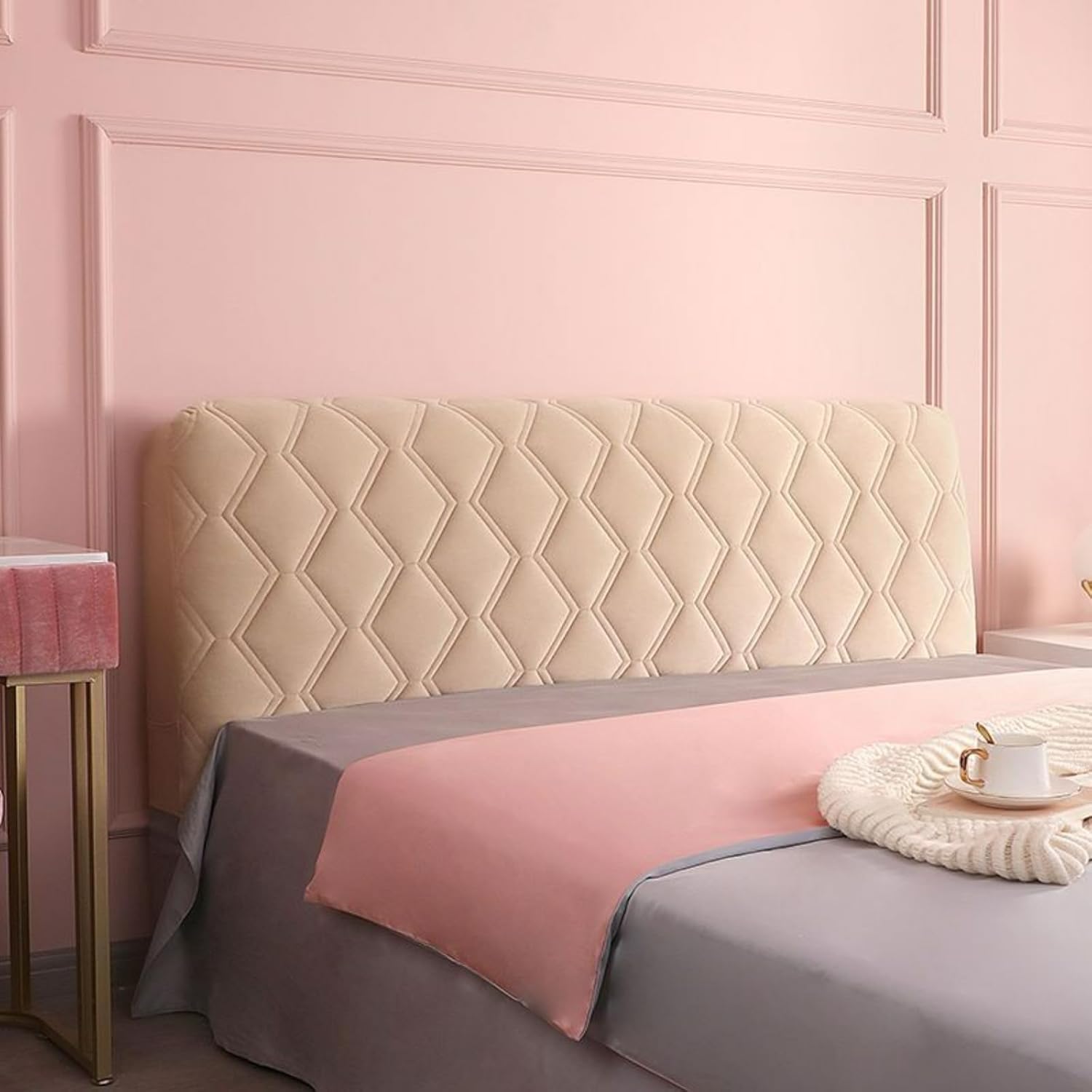 Velvet Quilted Headboard Cover for Full, Queen & King Size Beds - Thick Dustproof Headboard Slipcover Protector (Champagne, 86