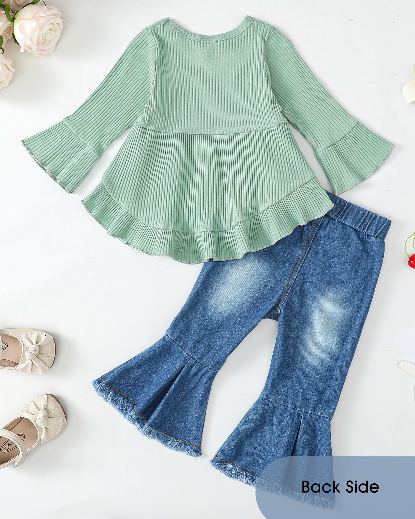 Cute Toddler Baby Girls Outfit - Long Sleeve Shirt & Flare Denim Jeans Set for Fall Winter | Soft & Comfortable Casual Wear for Playdates, Holidays & Family Photos