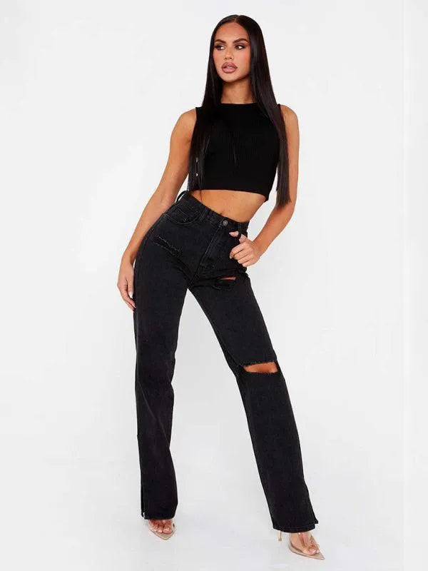 Women's Straight Ripped Jeans with Ankle Slits - Trendy Distressed Denim Pants for Casual Outfits & Streetwear Fashion