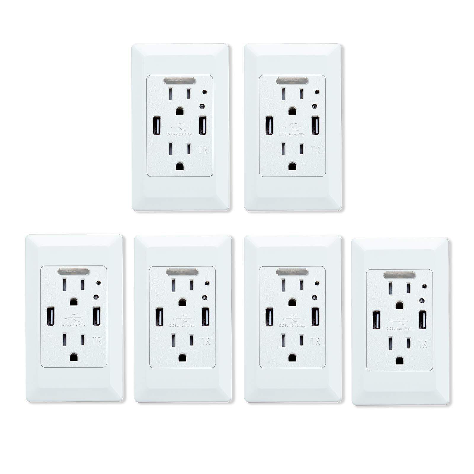 6 Pack USB Wall Outlet Charger with Night Light - Dual 4.2A USB Ports & 2 Tamper-Resistant AC Outlets (15A), White Wall Plate Included - Perfect for Bedrooms, Hallways & Home Offices