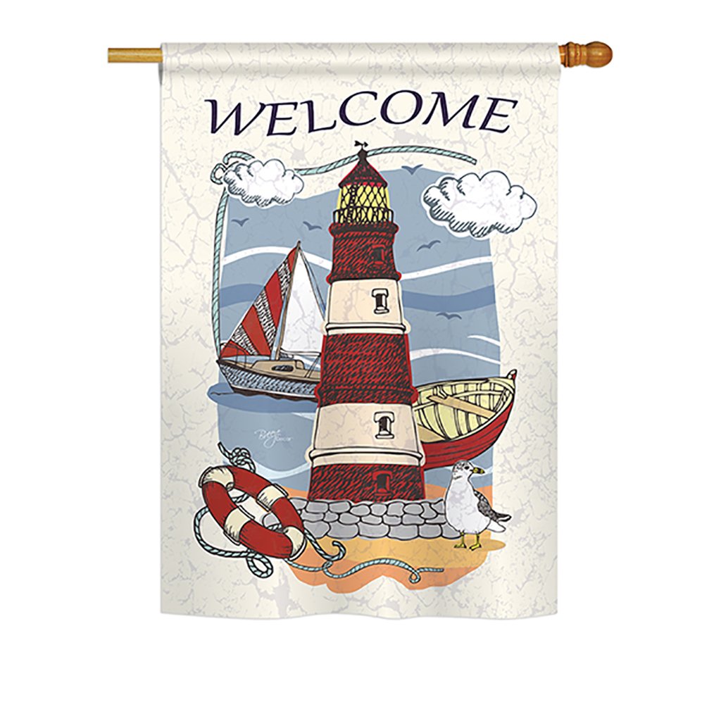 Breeze Decor Lighthouse Shore Coastal Vertical House Flag 28x40 Inches - Printed in USA - Waterproof Outdoor Decorative Flag for Porch, Garden & Beach House Decor