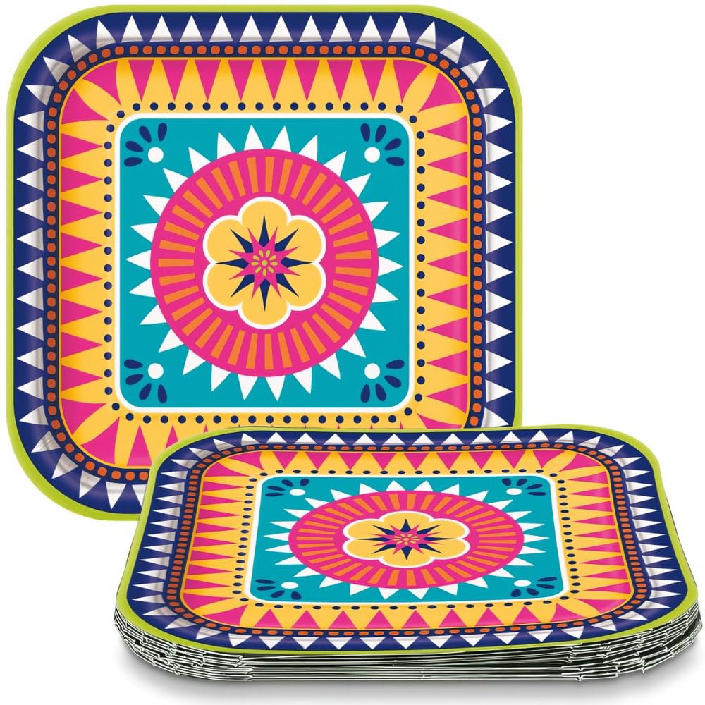Boho Fiesta Square Dinner Paper Plates 9 Inch - 8 Pack Disposable Plates for Parties, Picnics, BBQs & Family Gatherings