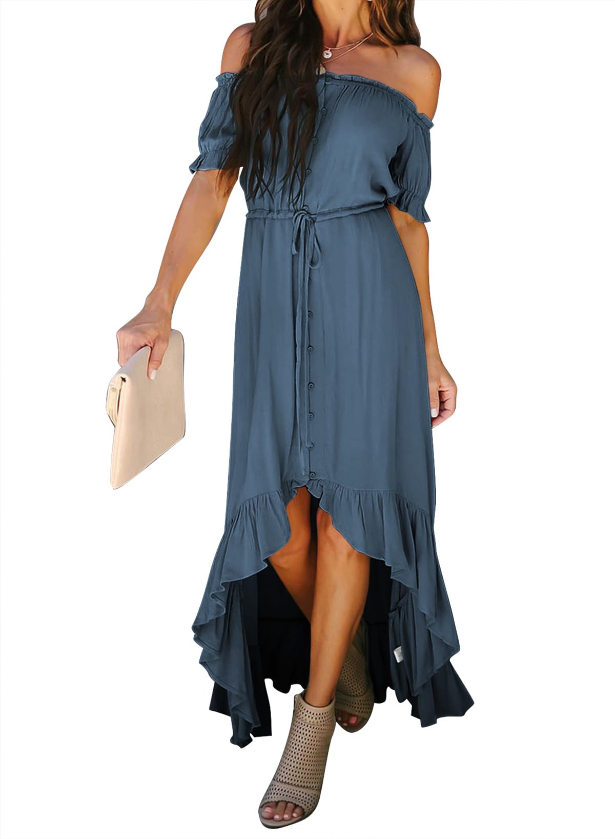 Dokotoo Women's 2024 Off Shoulder Casual Short Sleeve High Low Maxi Dress - Solid Color Cocktail Skater Dress for Summer Beach Party & Evening Out