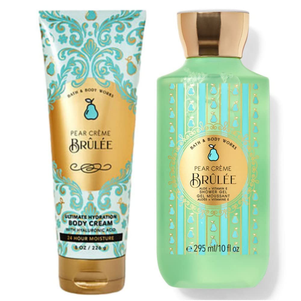 Bath and Body Works Pear Creme Brulee Body Cream & Shower Gel Set - 18 Fl Oz Moisturizing Gift Set for Dry Skin Care & Relaxing Bath Time