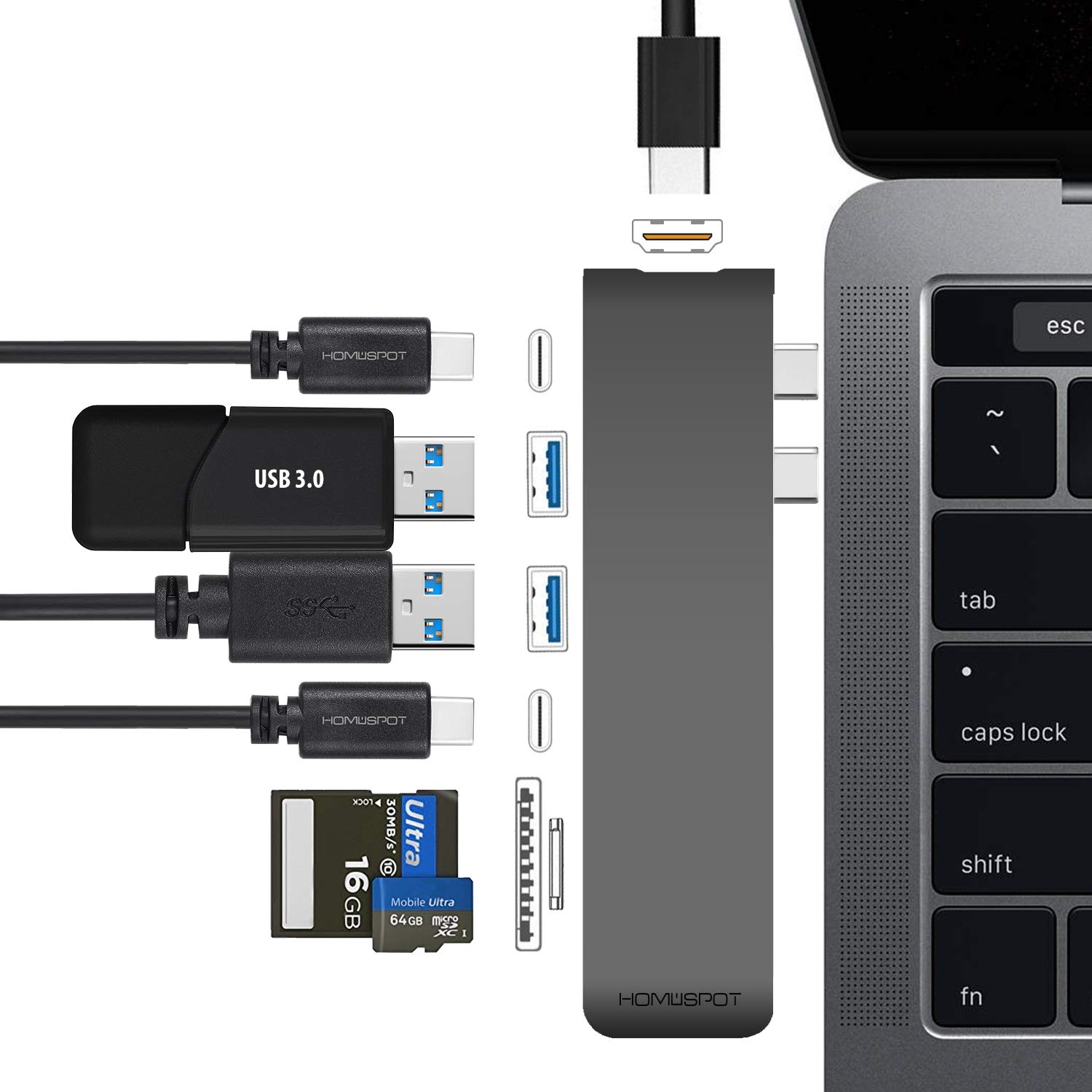 HomeSpot Aluminum USB C Hub for MacBook Pro & Air - 4K HDMI, USB 3.1, USB-C Data 50Gbps, SD/Micro Card Reader - Perfect for Home Office, Travel & Multi-Screen Setup