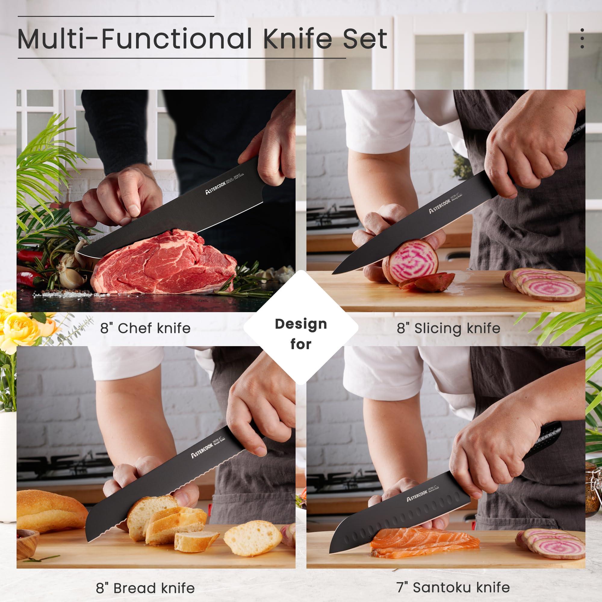 Astercook 21-Piece German Stainless Steel Chef Knife Set with Wooden Block - Professional Kitchen Knives for Cooking, Slicing & Chopping - Dishwasher Safe Black Knife Set for Home Chefs & Culinary Enthusiasts