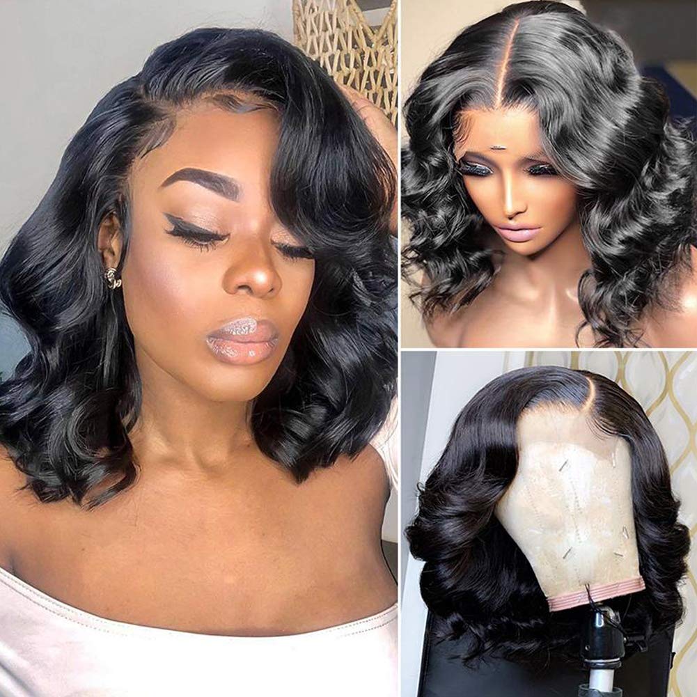 13x4 Lace Front Human Hair Wig - Short Bob Body Wave with Pre-Plucked Bleached Knots | Natural Black Color | No Shedding 130% Density 10