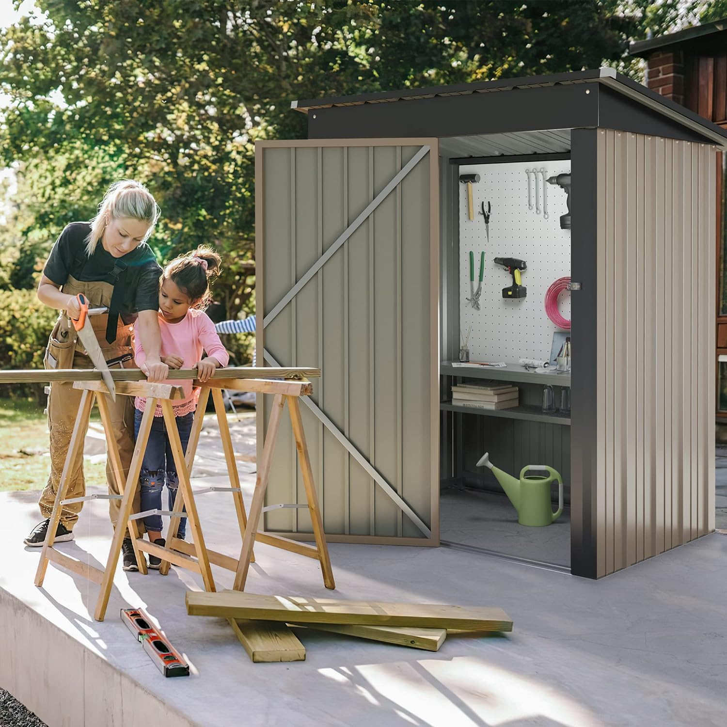 Furniwell 5x3 FT Outdoor Storage Shed - Metal Garden Shed with Lockable Door for Backyard, Patio & Lawn (Brown) | Weather-Resistant Tool Storage & Yard Organization Solution