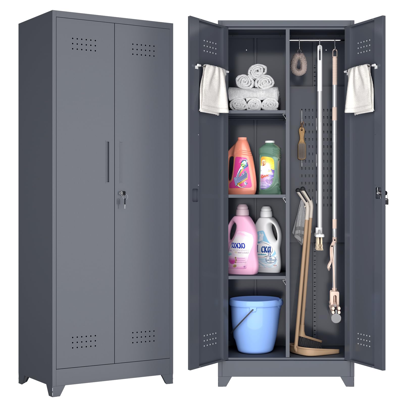 GREATMEET Broom Closet Cabinet with Pegboard & Hanging Rod - Wall Mounted Cleaning Supplies Storage Organizer for Bathroom, Garage, Laundry Room - Space Saving Household Organization Solution