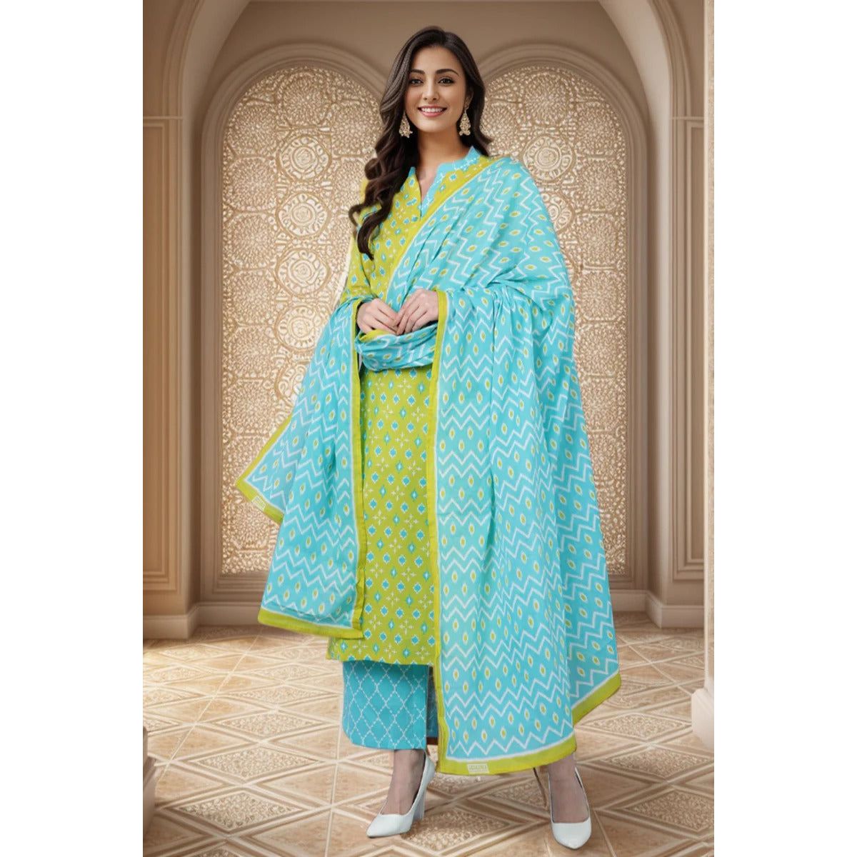 Stylish Lime Green Printed Rayon Blend Kurta Palazzo Set with Dupatta - Comfortable Indian Ethnic Wear for Women, Perfect for Festivals, Weddings & Casual Outings