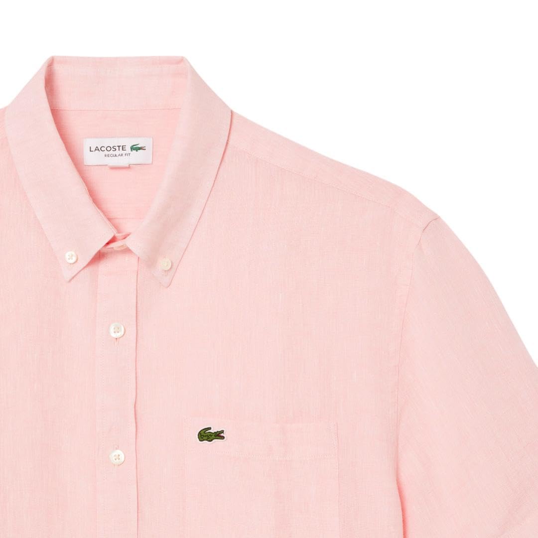Lacoste Men's Short Sleeve Linen Button Down Shirt | Classic Regular Fit with Front Pocket | Casual Summer Wear for Office & Outdoor Activities
