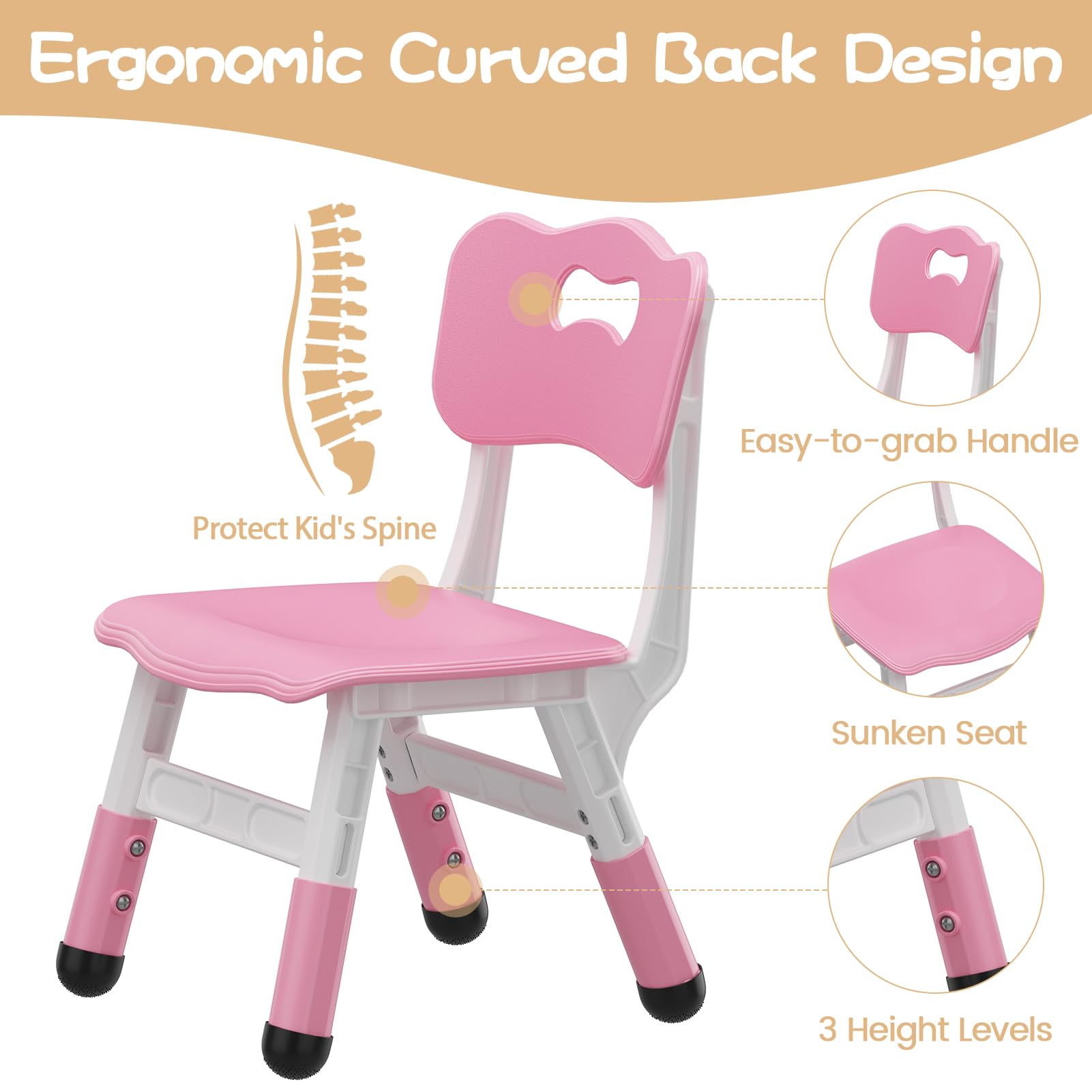GAOMON Kids Chairs Set of 2 - 3-Level Height Adjustable Toddler Chairs for Boys & Girls Ages 2-6 - Durable Plastic Children's Chairs for Home, Classroom, Nursery & Indoor Use (Pink) - Perfect for Reading, Drawing & Playtime Activities